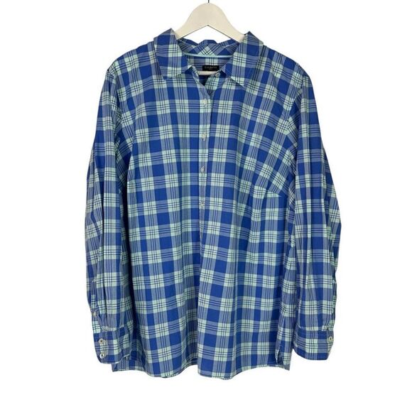 Talbots Womens 2X Plaid Long Sleeve Button Front Shirt Blue Mint Green - Picture 1 of 6